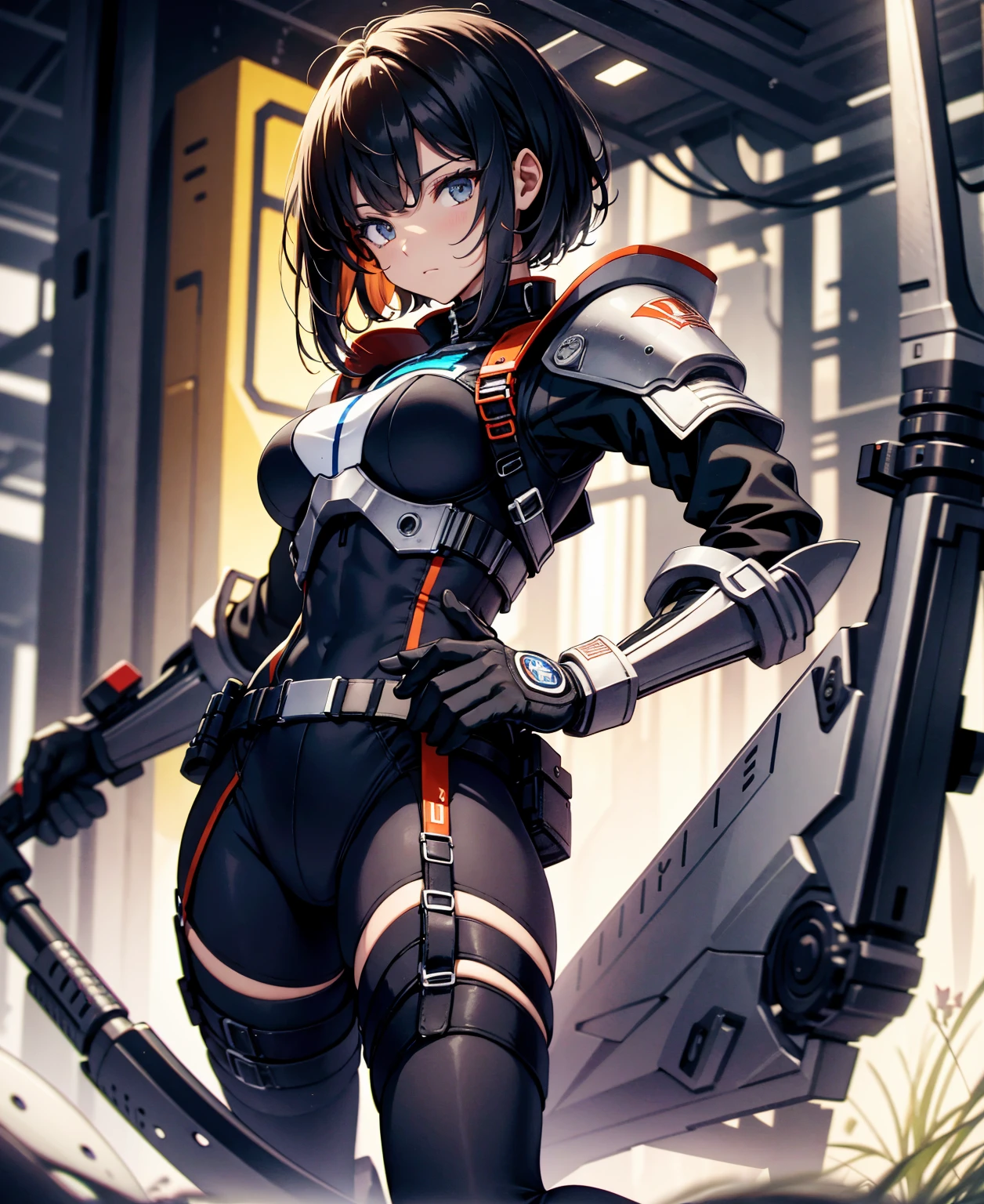 best quality，T Masterpiece，ultimate resolution，fluff，very colorful，colorful，female combatant，（kneeling pose）（pointing at you with his butt）mature woman，Black Super Short Hair，tight combat uniform，tight suit，Steel City Background，night，normal posture，normal posture