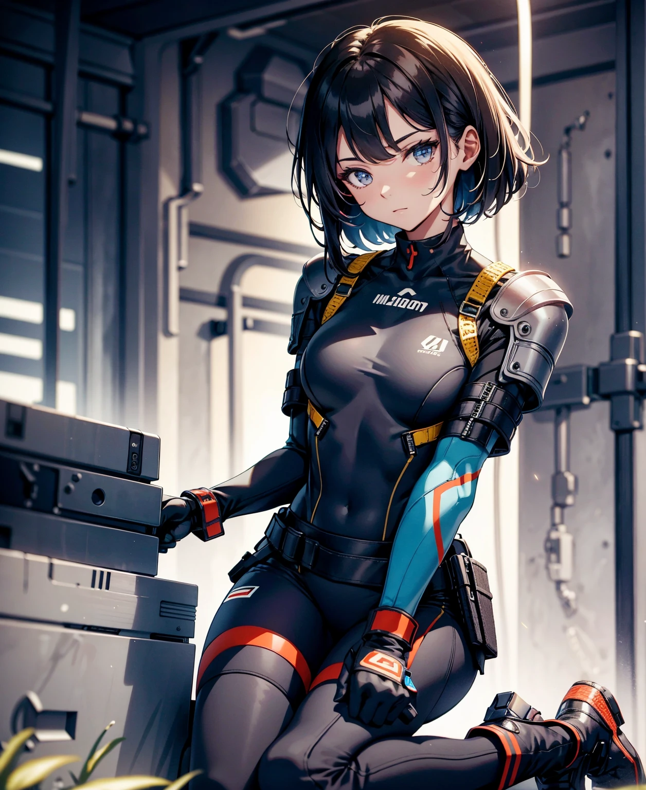 best quality,T Masterpiece,ultimate resolution,fluff,very colorful,colorful,female combatant,(kneeling pose)(pointing at you with his butt)mature woman,Black Super Short Hair,tight combat uniform,tight suit,Steel City Background,night,normal posture,normal posture