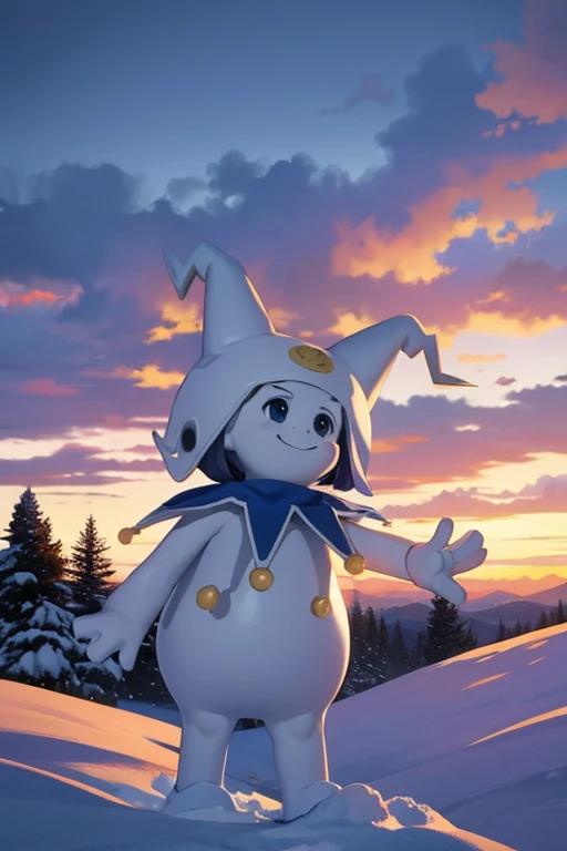 masterpiece, highest quality,  smile, alone, looking at the viewer,  Jack Frost SMT, there are no humans, outdoor, snow, snowflakes,  sunset, null, cloud