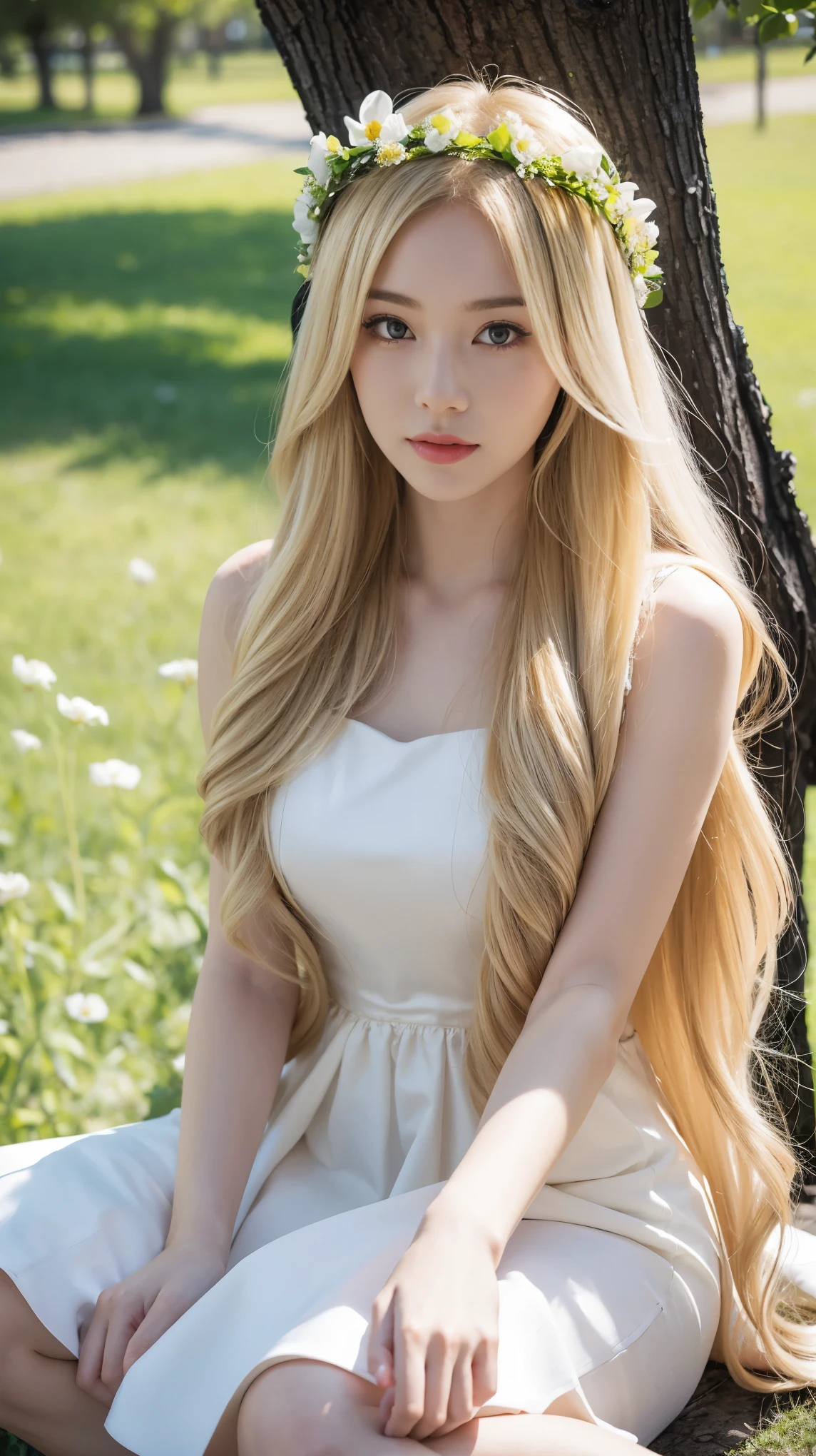 A woman long blonde hair wearing flower crown sitting under a tree wearing a costume