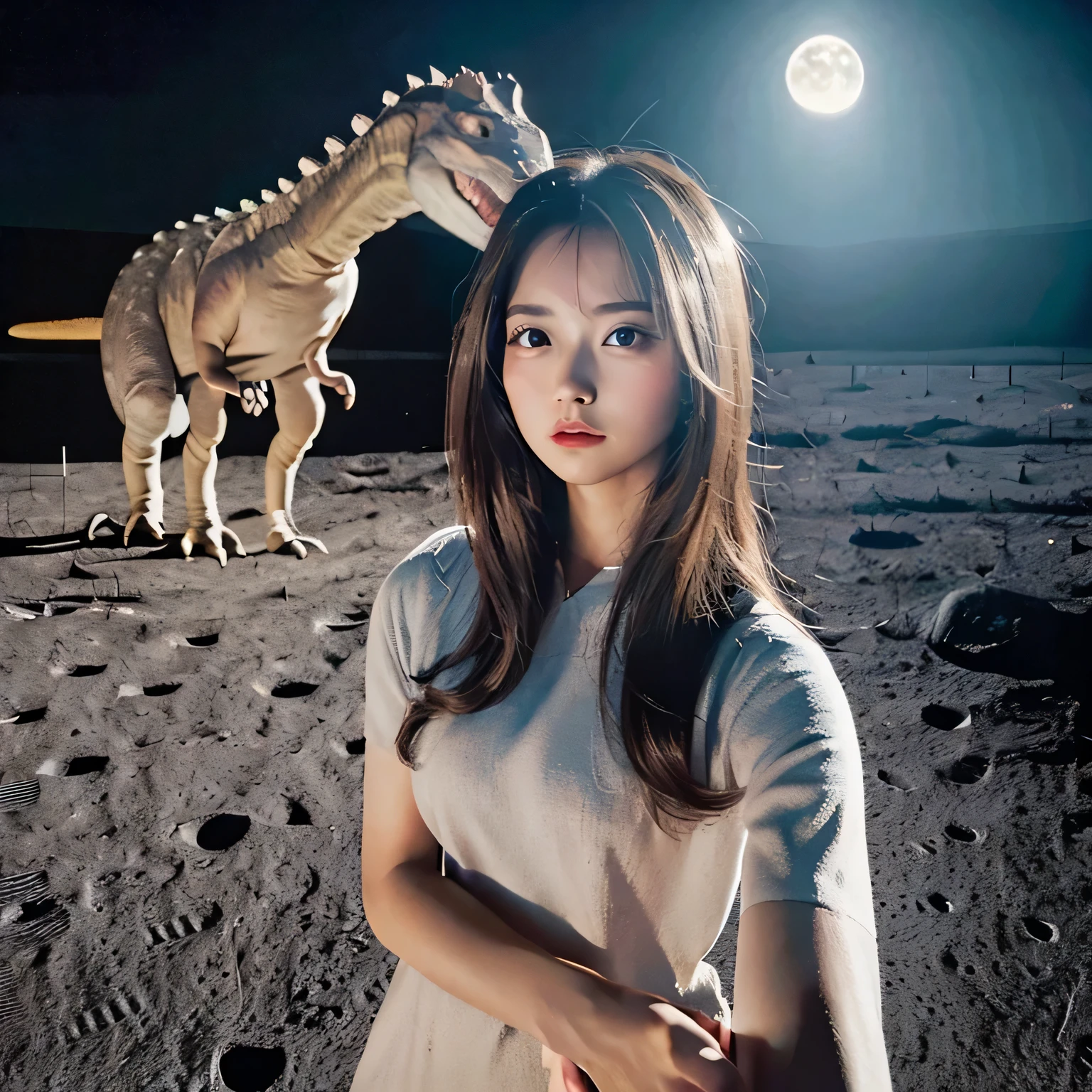 (Girl taking selfie on the moon:1.5) ,(landing on the moon:1.2),( Dinosaurs in the distance:1.5),original photography,(ultimate beauty portrait、dry skin 、top quality、Super detailed、movie light、intricate details、high resolution、Very detailed、1 girl、huge breasts,cold expression、brown hair、Big eyes sparkling like gems、Harajuku、24 year old beautiful girl),space suit