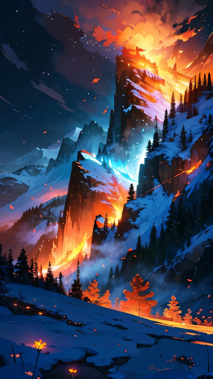 In the upper right corner, a majestic mountain rises, reaching the sky in front of a plain. The mountain is adorned with magnificent ((flowers)), whose (petals are made of flickering flames), casting a warm, vibrant glow. These fiery flowers envelop the mountain from the base to the snow-capped peak, creating a stunning view. The panoramic view showcases the grandeur of nature and the mesmerizing contrast between the fiery flowers and the serene green forest that stretches across. The mountain's massive presence and fiery floral spectacle evoke a sense of awe and wonder. This work of art captures the harmonious coexistence of power and beauty in the natural world.
Tags: mountain, fiery flowers, panoramic view, majestic, flickering flames, heat, vibrant glow, snow-capped peak, grandeur of nature, contrast, serene white snow, presence, awe, wonder
