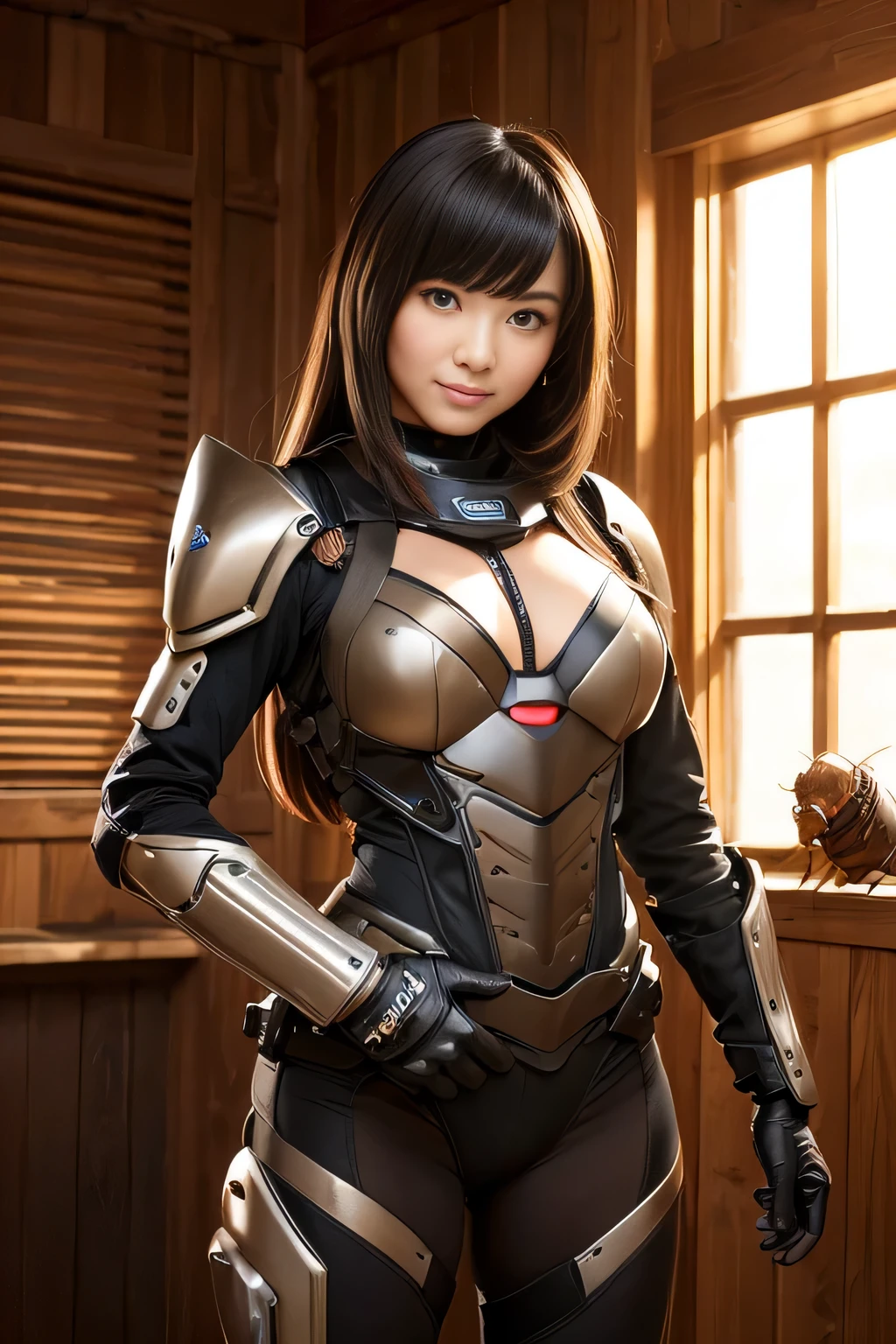 (High resolution,masterpiece,highest quality,Very detailed CG, anime, official art:1.4), realistic, photograph, amazing detail, all complicated, luster and luster,great many layers, 8k wallpaper, 3D, sketch, cute, figure,( alone:1.4), perfect female proportions,villain's daughter, (Fusion of dark brown cockroach and lady:1.4), (brown cockroach form lady:1.2), (brown cockroach woman:1.2), (Fusion:1.2), (alone:1.4), (evil smile:1.2), muscular, abs, (Cockroach brown exoskeleton bio insect suit:1.4), (Cockroach brown exoskeleton bio insect armor:1.2), (brown transparent cockroach feathers:1.4), (brown cockroach antenna:1.3),