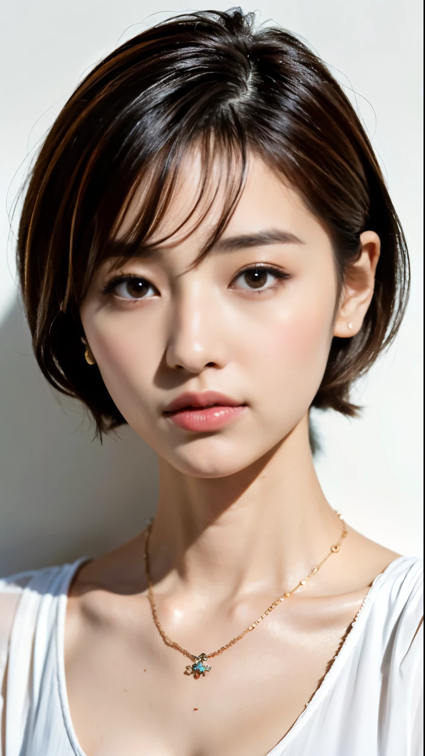 (highest quality、8K、32K、masterpiece、UHD:1.2)、Cute Half-Woman Photos、very short hair、 on 、surface focus、white blouse、necklace、simple background、white wall、From above、looking at the viewer、Hair Models、lure、bright hair color、bright lighting、facing forward、gentle smile、short hairstyle