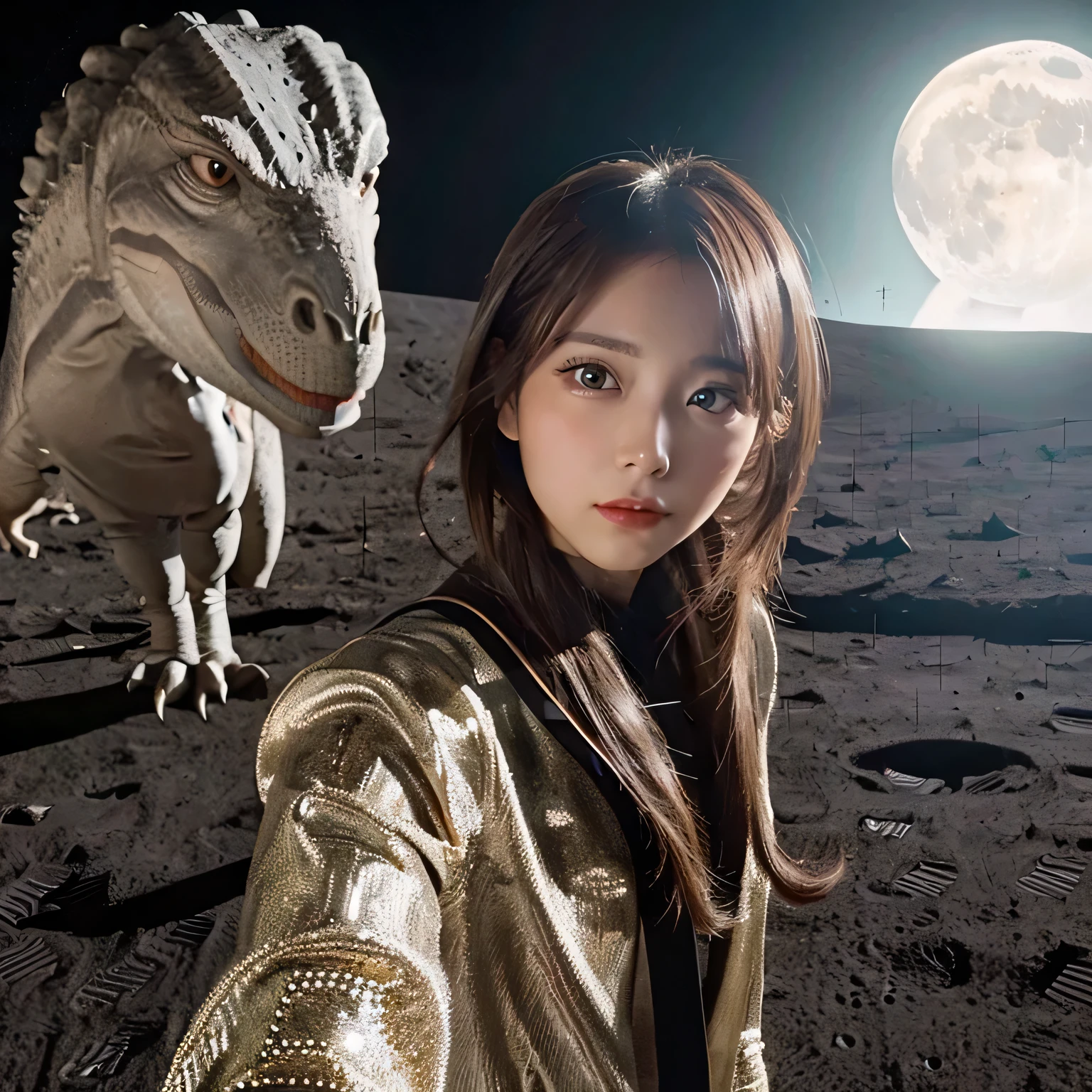 (Girl taking selfie on the moon:1.5) ,(landing on the moon:1.2),( Dinosaurs in the distance:1.5),original photography,(ultimate beauty portrait、dry skin 、top quality、Super detailed、movie light、intricate details、high resolution、Very detailed、1 girl、huge breasts,cold expression、brown hair、Big eyes sparkling like gems、Harajuku、24 year old beautiful girl),space suit