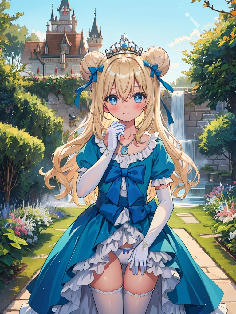 photo realistic, (masterpiece,best quality:1.4),(8k,raw photo,photo realistic:1.2), detailed skin, detailed face,1girl, Princess, cute face, ,  Not Safe for Work, (raw photo, photo realistic: 1.2), 
(((single hair bun))), blue eyes, (blonde hair), light smile, shiny wavy hair, curtsey, (ballgown), Princess doress, shortsleeves, a smile, red blush, Doress, Hair Between Eyes, White Panties Hose, ((Blue the Bow)), Puffy Sleeves, Bangss, (tiara), (necklace), (bridal gauntlets), foot out of frame, frilld, : q, masterpiece, top-quality, not safe for work, , 14-yo, braided bangs,
yumekawa,yumekawaii,pastel color,(wonderland garden:1.3),rainbow waterfall,dripping ink,imagination,(Castle:1.4),