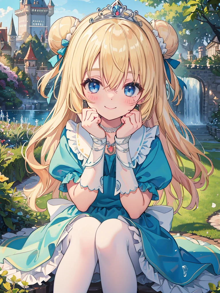photo realistic, (masterpiece,best quality:1.4),(8k,raw photo,photo realistic:1.2), detailed skin, detailed face,1girl, Princess, cute face, , Not Safe for Work, (raw photo, photo realistic: 1.2),
((single hair bun)), length hair, blue eyes, (blonde hair), light smile, shiny wavy hair, (ballgown), diadems, Princess doress, the bow, shortsleeves, the bow hair, a smile, red blush, Doress, Hair Between Eyes, White Panties Hose, ((Blue the Bow)), A Throne, Puffy Sleeves, Bangss, (tiara), (necklace), (bridal gauntlets), foot out of frame, frilld, : q, masterpiece, top-quality, not safe for work, , 14-yo, braided bangs,
yumekawa,yumekawaii,pastel color,(wonderland garden:1.3),rainbow waterfall,dripping ink,imagination,(Castle:1.4),