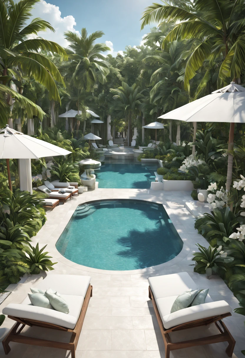 (best quality,4k,8k,highres,masterpiece:1.2),ultra-detailed,(realistic,photorealistic,photo-realistic:1.37),luxurious poolside lounge area,white cabanas,sun umbrellas,lounge chairs,sparkling pool,palm trees,tropical flowers,relaxation,luxury,oasis,high-class,serene atmosphere,elegant design,crystal clear waters,calm and tranquil,refined aesthetic,serenity,opulent experience,luxurious amenities,meticulous attention to detail,exquisite craftsmanship,delicate textures,expansive space,impeccable service,tropical paradise,soothing ambiance,perfect blend of comfort and style,indulgent escape,scenic beauty,exotic foliage,refreshing oasis,leisurely retreat,majestic palms,lush greenery,sumptuous surroundings,lavish tranquility,sophisticated charm,elevated elegance,serene poolside haven,secluded paradise,private sanctuary,exclusive experience,relaxing haven,glimmering pool water,crisp white decor,elegant atmosphere.