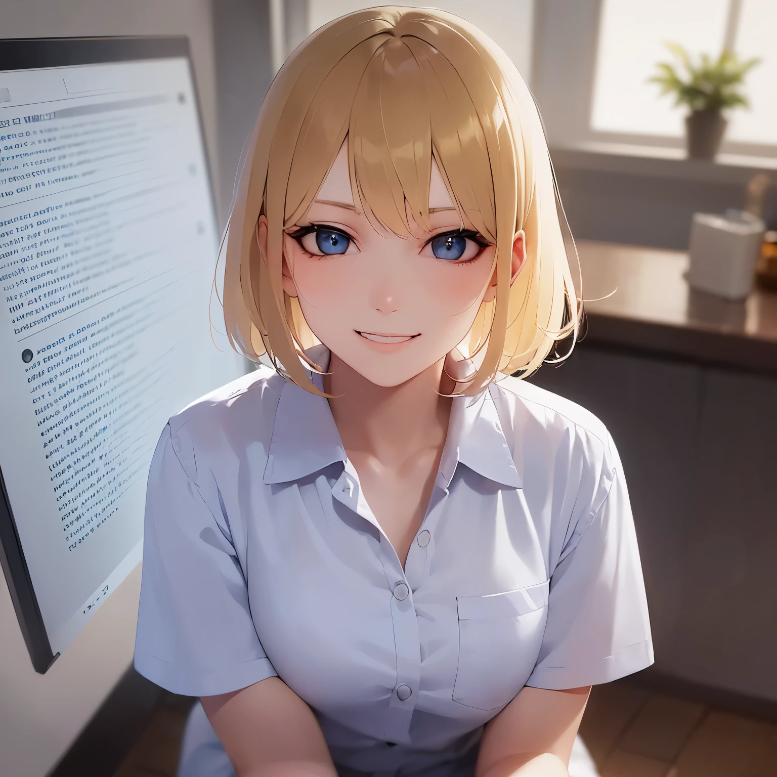(evil smile:1.3), parted bangs, Realistic, real person, RAW photo, photorealistic, portrait photography, shiny skin, japanese idol, 25 year old woman、(bob cut hair) and (blonde hair) and (blue eyes), (wearing a white shirt:1.5)、The background is a conference room、Alone、sitting、