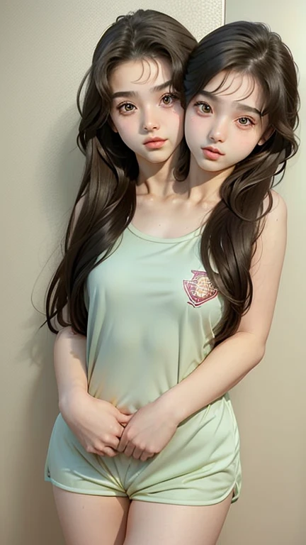 2heads, two headed girl, (14 year old girl:1.5), (female:1.5), (two heads attached to one body:1.4), conjoined twins, heads side by side, one torso, young, uncomfortable, barefoot