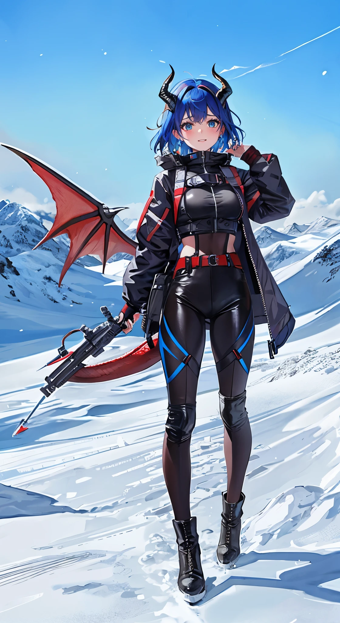 (Ultra-short hair with blue and red highlights),(goggles on her head)close up,dream world,Dragon royal sister,dragon lady,Red and blue short hair,Black tight pants,beautiful eyes,snow mountain tundra,polar bay,earrings,(goggles,Tight protective clothing),humanoid, polar tundra background,Explorer, her skin is white, fair complexion,Black leggings,(adventure tights,black tight pants,A pair of dragon horns and wings),boots,leather boots,