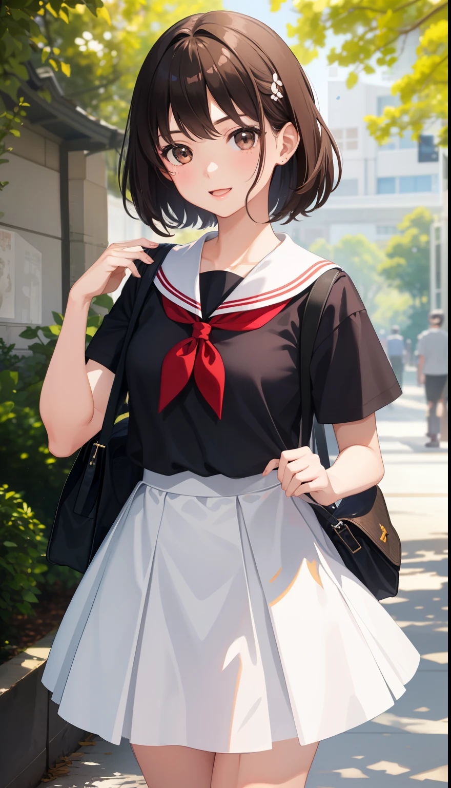 1 girl、AS-Adult、laughter、high school、uniform、summer clothes、serafuku、short brown hair、looking at the camera、front、((highest quality)), (super detailed), ((very detailed)), (beautiful), ((pretty girl))