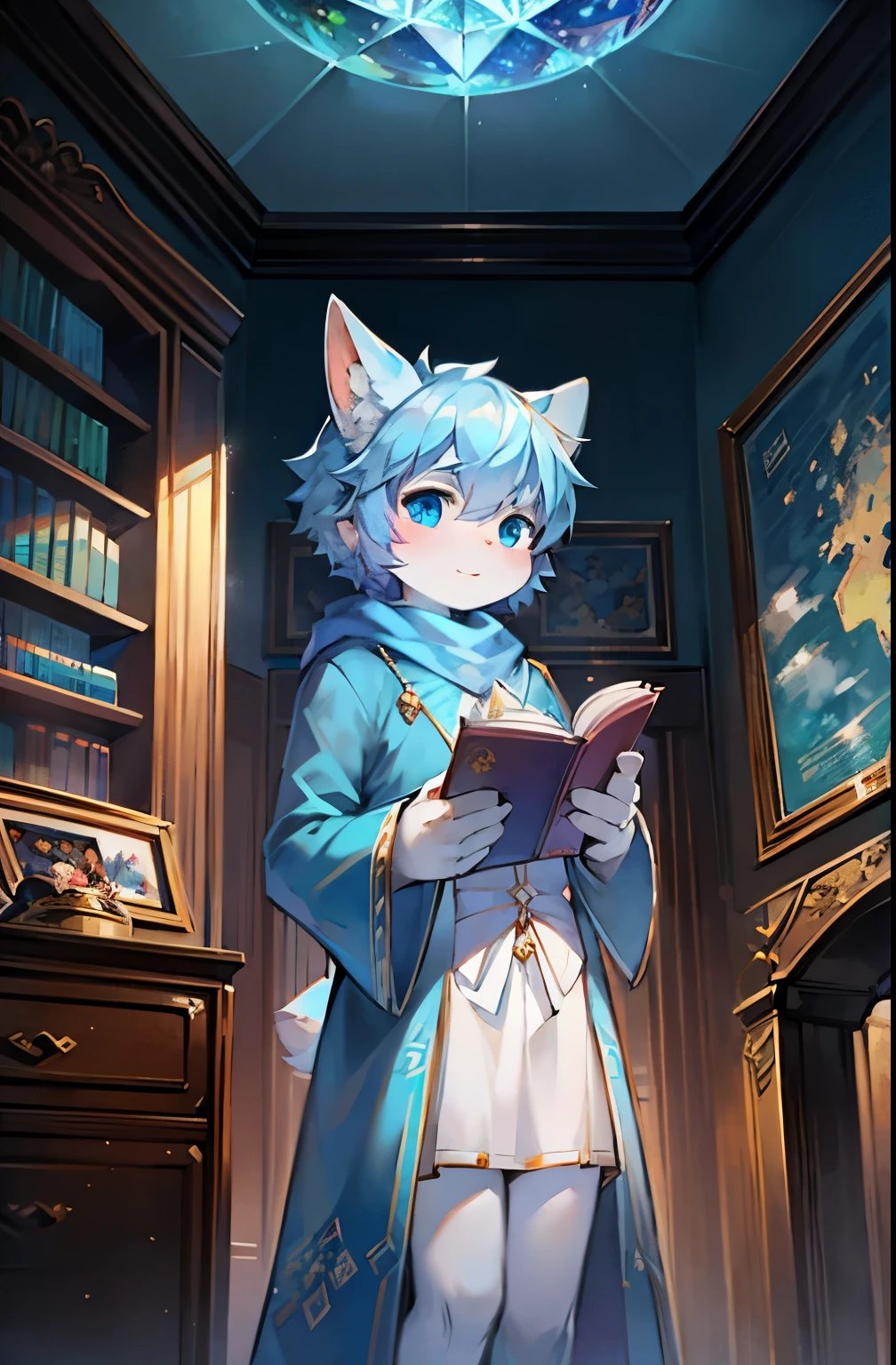 A white rabbit,Shota,Blue robe,snow,clear blue sky,long bunny ears,Crystal pupils,Long blue scarf,Gorgeous background,Ornate robe,look out the window,Sunlight,Gift box,cool color,The map hangs on the wall,bookcase,Holding a letter in his hand,Reading a letter,Sky blue walls,Sky blue wallpaper,Handsome and handsome,world map,happy