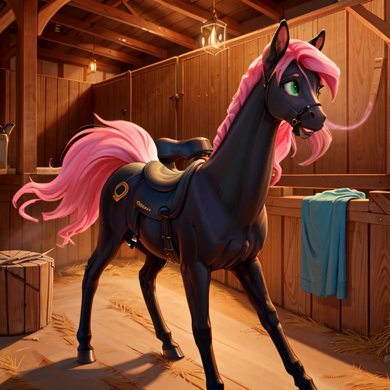 shocked slim feral mare with black fur with long Pink mane and Green eyes 
With a black saddle on her back there are some traces of magic floating around her she is in a stable