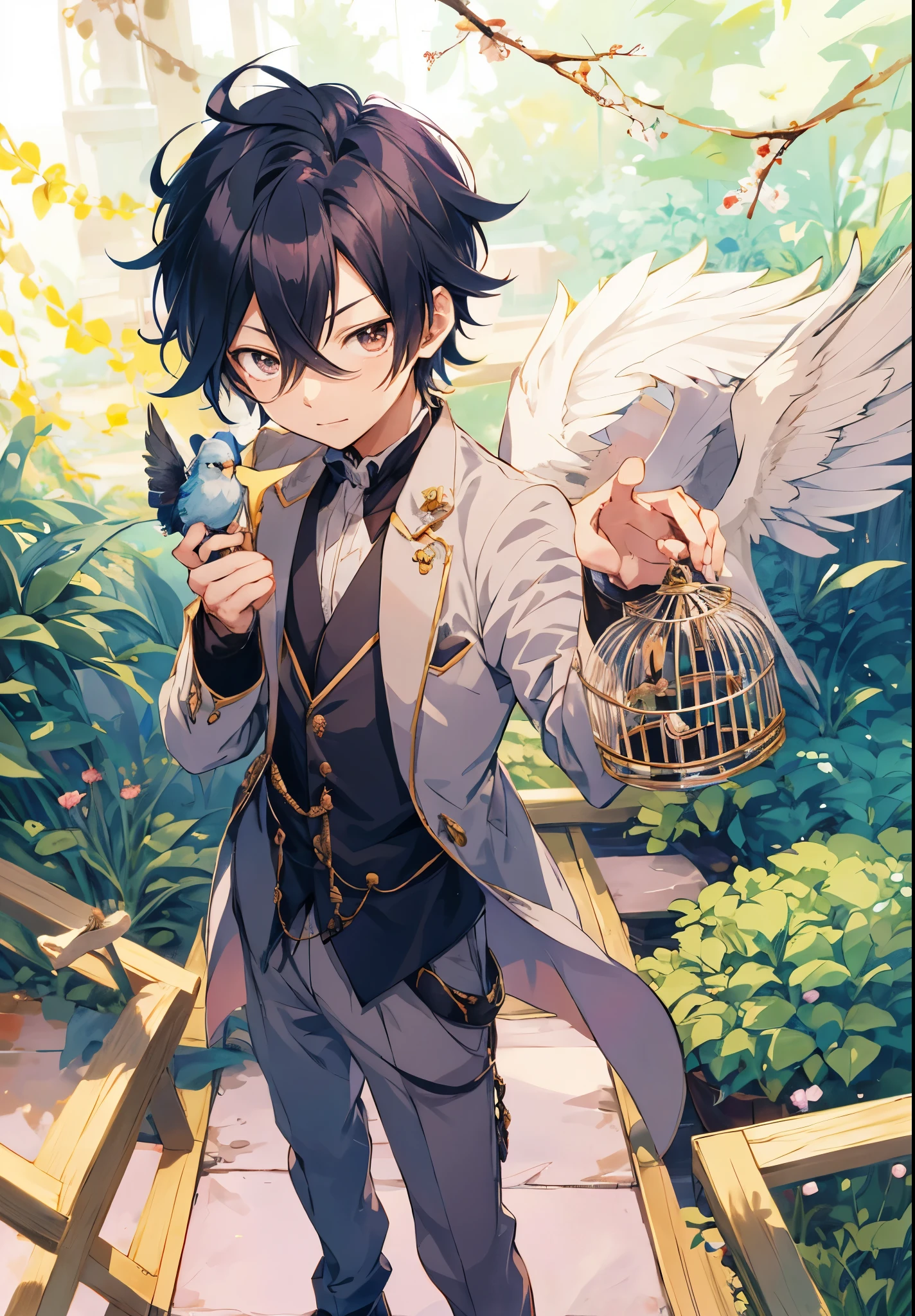 Anime boy holding a birdcage in his hand, wizard holding a cage, Inspired by Hiro Yamagata, Inspired by Okumura Masanobu, and his bird, Detailed fanart, High quality fan art, Inspired by Taketoshi Matsumura, Inspired by Yunichi Hiratsuka, Inspired by Shiko Munakata, Official fan art