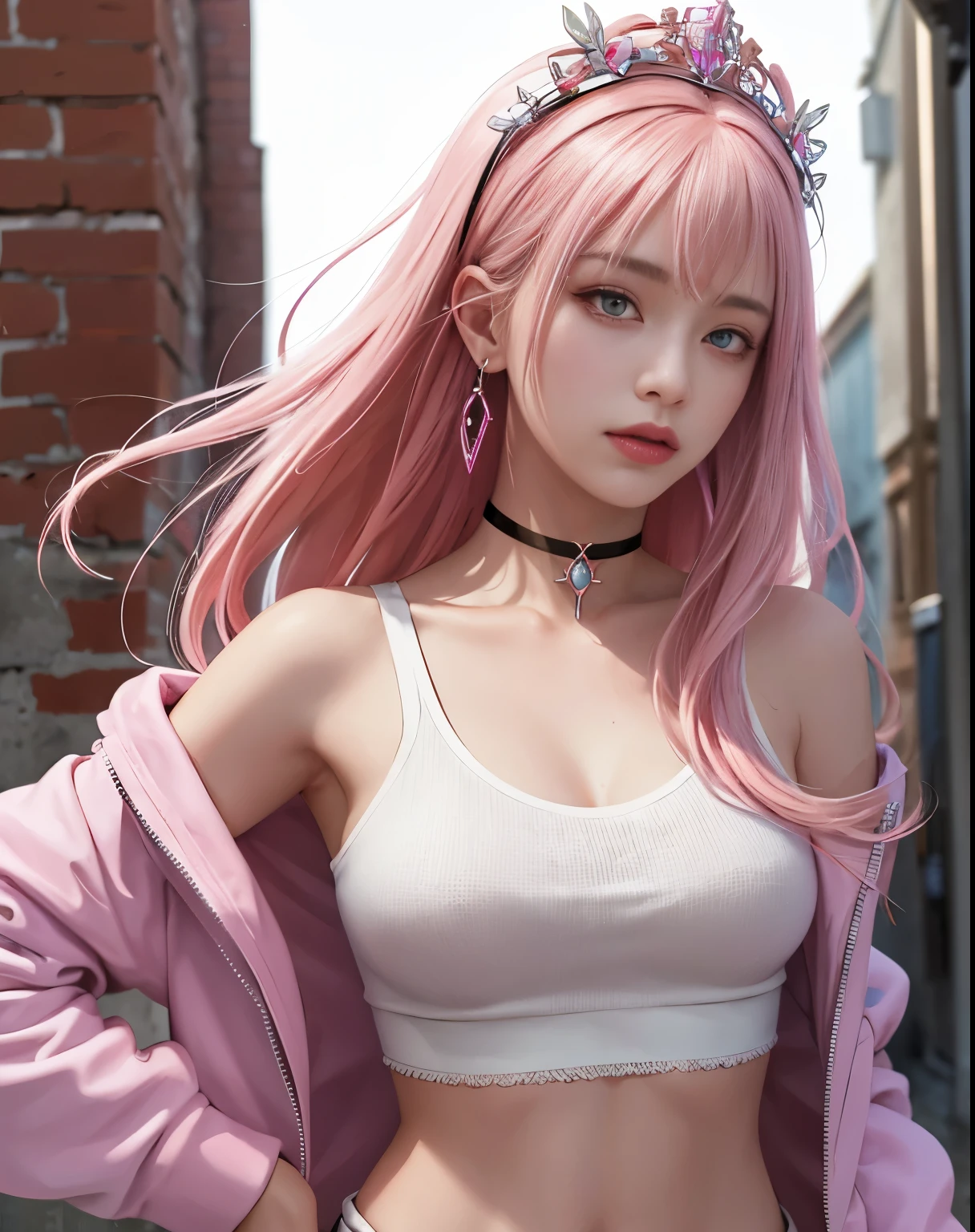 (masterpiece, highest quality, 1 girl, alone, intricate details, chromatic aberration), realistic, ((Medium breathing)),long hair, pink hair, Red headdress, pink highlights, hair above one eye,purple eyes, earrings, clear eyes, choker, Neon Shirt, open jacket, crop top, (eye of symmetry),(perfect symmetrical body),towards the wall, brick wall, graffiti, dim lighting, alley ,look at the audience