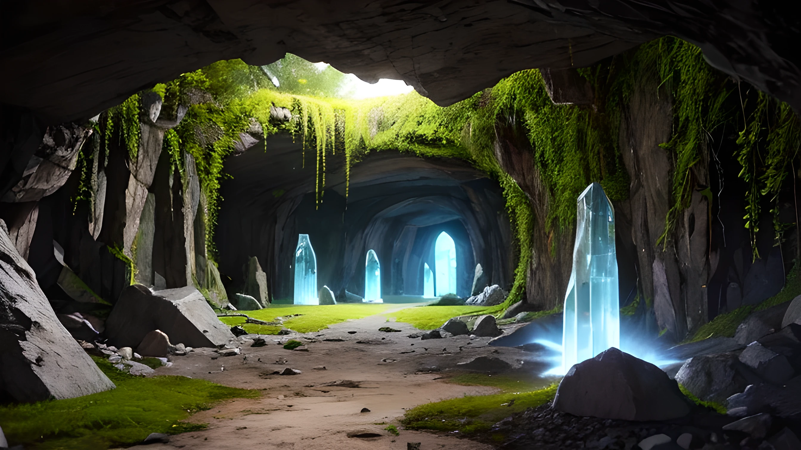 An underground cave, illuminated by dim glowing crystals, with echoes of flames resonating through the underground tunnels. The cracked stone surface adds a sense of ancientness and mystery. The walls are covered with vibrant green moss, creating a contrast against the dark surroundings. The image should be of the highest quality, with ultra-detailed and realistic details. The lighting should emphasize the mystical atmosphere of the cave, casting subtle shadows and highlighting the textures of the rocks and moss.