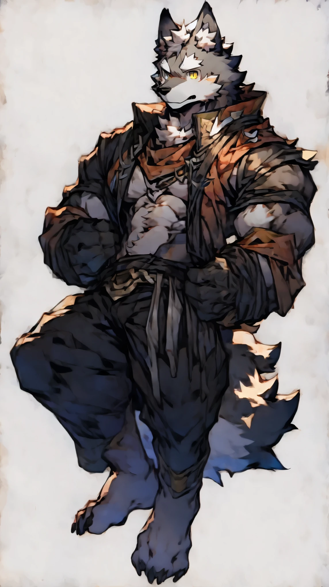 8k,Whole body,明亮of眼睛,细致of眼睛,Western magic,magic,毛茸茸of,gray wolf,Tail,Claw,Wolf paw,toe,Great sword,Bug's Eye View, 一头gray wolf,灰色of狼,灰色of皮毛,Swordsman,male,tough guy,Rough man,帅气of,威严of,霸气of,可爱of,憨憨of,性感of,of,高大强壮of,硕大of胸肌,8-pack abs,Golden eyes,坏笑of,赤裸着上身of,of,A scar,黑色of皮带,独自of