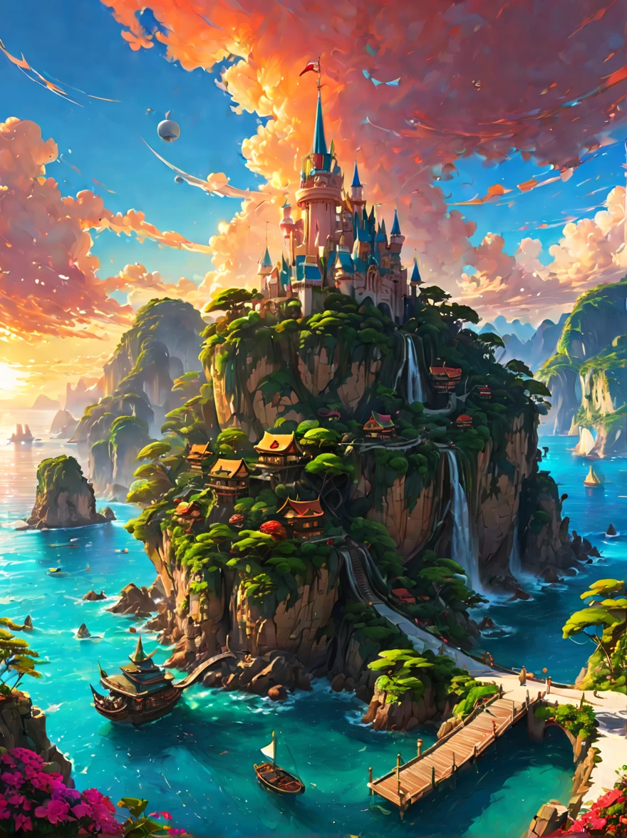 wonderland旅行圣地地，梦幻wonderland，Charming holiday paradise，wonderland，fantasy land，tourist resort，heavenly island，stunning sunset、（fantasy art、The art of math） , concept art, Trending on artstation, The art of Greg Rutkowski, The art of artgerm,art by rossdraws,The art of Krenz Cushart，（best quality，8k，high resolution，masterpiece，Super detailed，1.4x more realism),