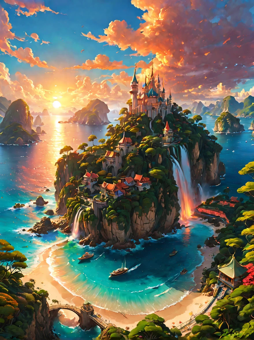 wonderland旅行圣地地，梦幻wonderland，Charming holiday paradise，wonderland，fantasy land，tourist resort，heavenly island，stunning sunset、（fantasy art、The art of math） , concept art, Trending on artstation, The art of Greg Rutkowski, The art of artgerm,art by rossdraws,The art of Krenz Cushart，（best quality，8k，high resolution，masterpiece，Super detailed，1.4x more realism),