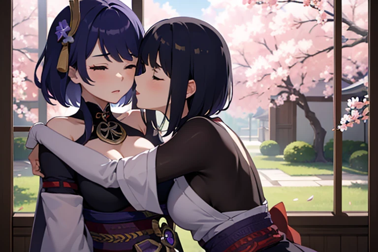 (masterpiece, best quality), 2girls, kissing, kiss, yuri, hugging each other, (upper body:1.3), closed eyes, (naked:1.2), standing, window, cherry blossoms background, sakura, windy, blush, embarrassed, BREAK kujousaradef, kujousararnd, BREAK raidenshogundef, raidenshogunrnd,