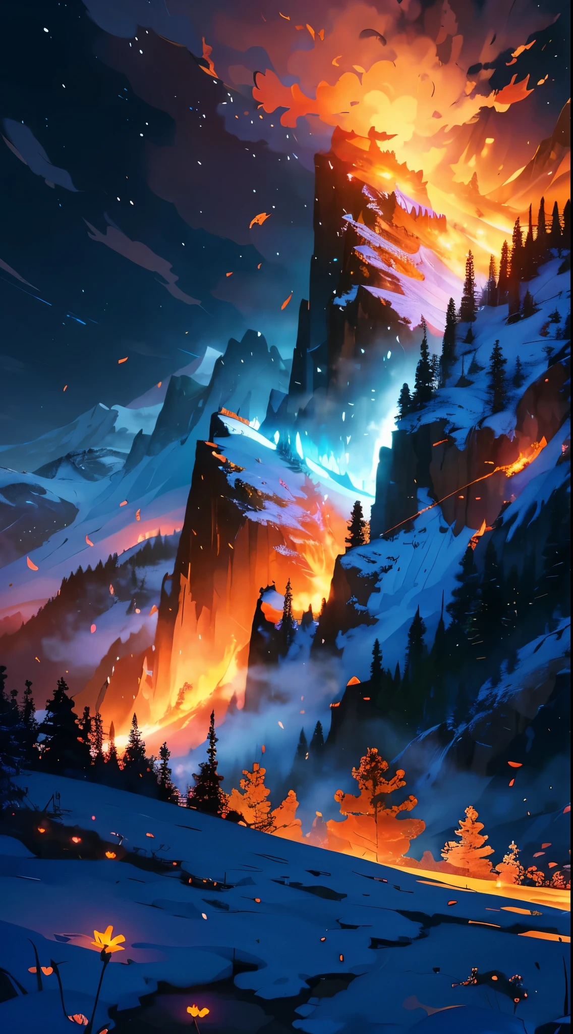 In the upper right corner, a majestic mountain rises, reaching the sky in front of a plain. The mountain is adorned with magnificent ((flowers)), whose (petals are made of flickering flames), casting a warm, vibrant glow. These fiery flowers envelop the mountain from the base to the snow-capped peak, creating a stunning view. The panoramic view showcases the grandeur of nature and the mesmerizing contrast between the fiery flowers and the serene green forest that stretches across. The mountain's massive presence and fiery floral spectacle evoke a sense of awe and wonder. This work of art captures the harmonious coexistence of power and beauty in the natural world.

Tags: mountain, fiery flowers, panoramic view, majestic, flickering flames, heat, vibrant glow, snow-capped peak, grandeur of nature, contrast, serene white snow, presence, awe, wonder