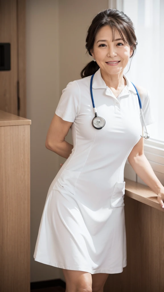 masterpiece, best quality, 16K, hospital, operating room, old woman, interior photo, glad, smiling, standing, front view, long hair, ponytail, black hair, eyes open, (large breasts:1.32), (wrinkles corners eyes:1.32), (nasolabial:1.32), (old skin:1.32), freckled skin, wrinkles skin, pale skin, (old muscles:1.2), plump, {(nurse), ((breast pocket)), ((collared dress)), ((short dress:1.48)), ((short sleeves)), ((thighs)), (white dress), (white headwear), (white sandals), ((stethoscope))}, beauty mark, 65-year-old, old, elderly, japanese, inside, in the hospital, with a operating table, in the afternoon, real person, ultra realistic photo, nsfw, full body shot, from front, front view