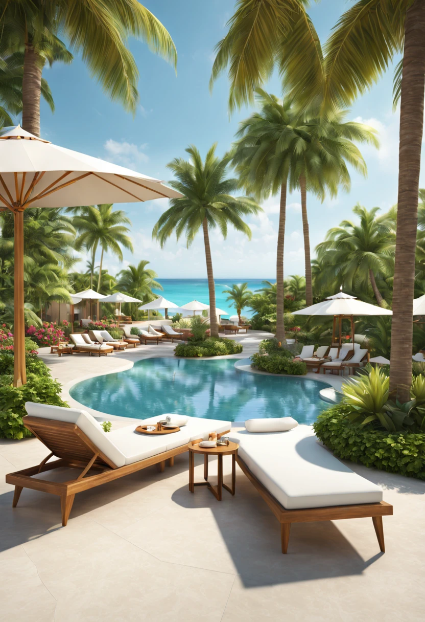 (best quality,4k,8k,highres,masterpiece:1.2),ultra-detailed,(realistic,photorealistic,photo-realistic:1.37),luxurious poolside lounge area at a 5-star resort,white cabanas,sun umbrellas,lounge chairs,sparkling pool,palm trees,tropical flowers,relaxation,luxury,oasis,illuminating sunshine,vivid colors,crystal clear water,golden sands,refreshing cocktails,cascading waterfalls,serene atmosphere,tranquil palm fringed backdrop,sublime view of the ocean,summer paradise,exquisite details,cooling mist,fresh sea breeze,inviting poolside ambiance,lush greenery,sophisticated elegance,tropical paradise,secluded retreat,ultimate indulgence,relaxing oasis