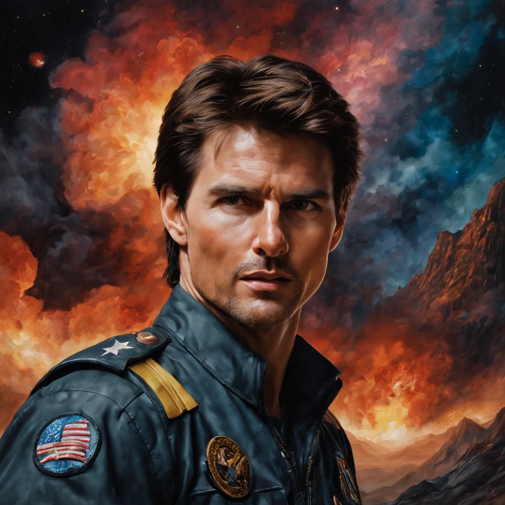 a facial portrait of Tom Cruise, oil painting on canvas in the art style of Caravaggio, Thomas Kinkade, Neal Adams, Frank Frazetta, Boris Vallejo, Rembrandt, extremely colorful, outer space, planets, stars, galaxies, fire, explosions, smoke, volcanic lava, craggy mountain peaks in the background, 32k UHD, 1080p, hyper realistic, photorealistic, realistic, 1200ppi, 2000dpi, Highly detailed, extremely sharp, vibrant, colorful, well lit, full field of depth, professional quality studio image