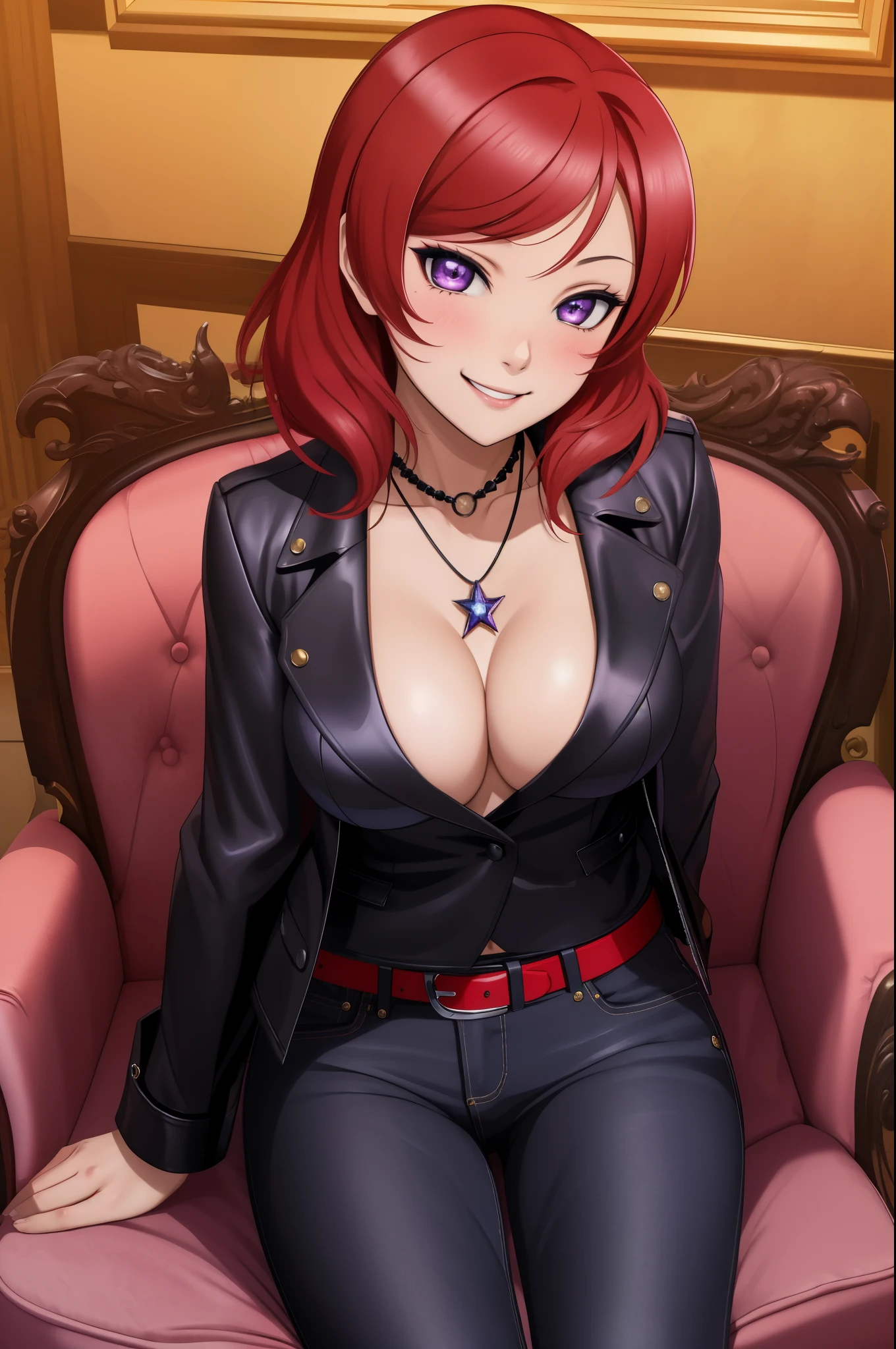 masterpiece, best quality,8k wallpaper, nishikino maki, black top, cleavage, opened black leather jacket, jeans pants, necklace , purple eyes ,big breasts , sitting on throne, blushing , smile , closed mouth 