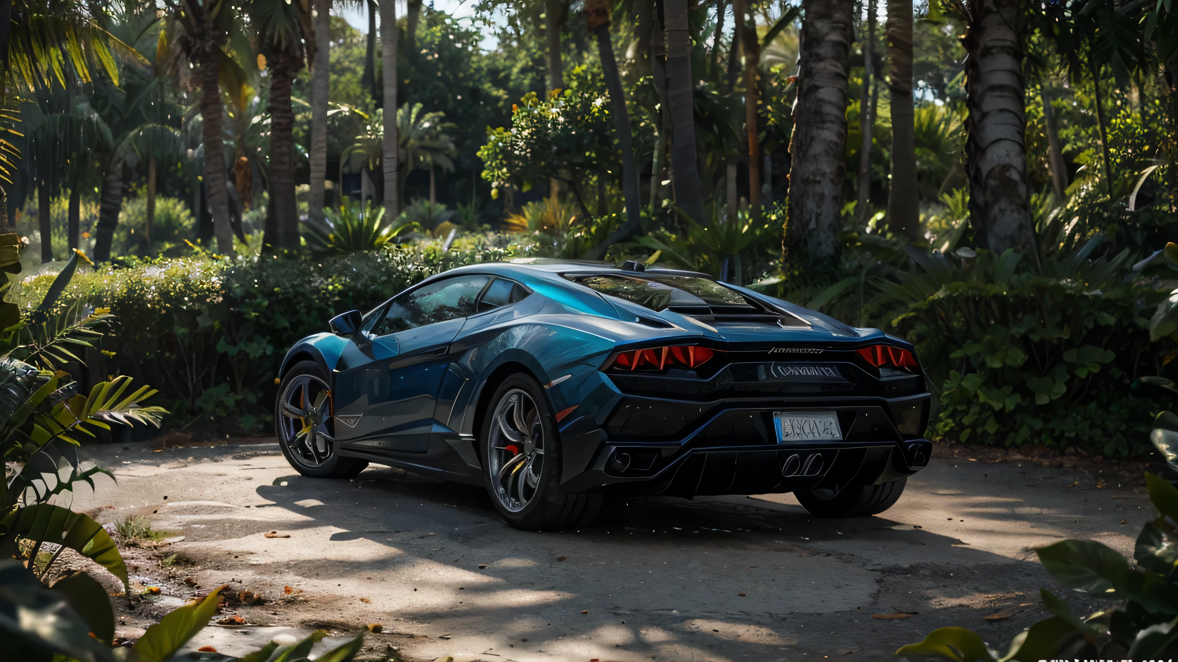 photorealistic, a dazzlingly beautiful Lamborghini blue and white stands in the tropical forest, blue Lamborghini stands wet and shines in the sun, many flowers and all kinds of plants, colored liquid pours, rules of thirds, depth of field, complex parts, Conceptual art, bright colors, futuristic design, Attention to detail, grandeur and awe, A stunning visual masterpiece, Fantastic kingdom, hard light, water,