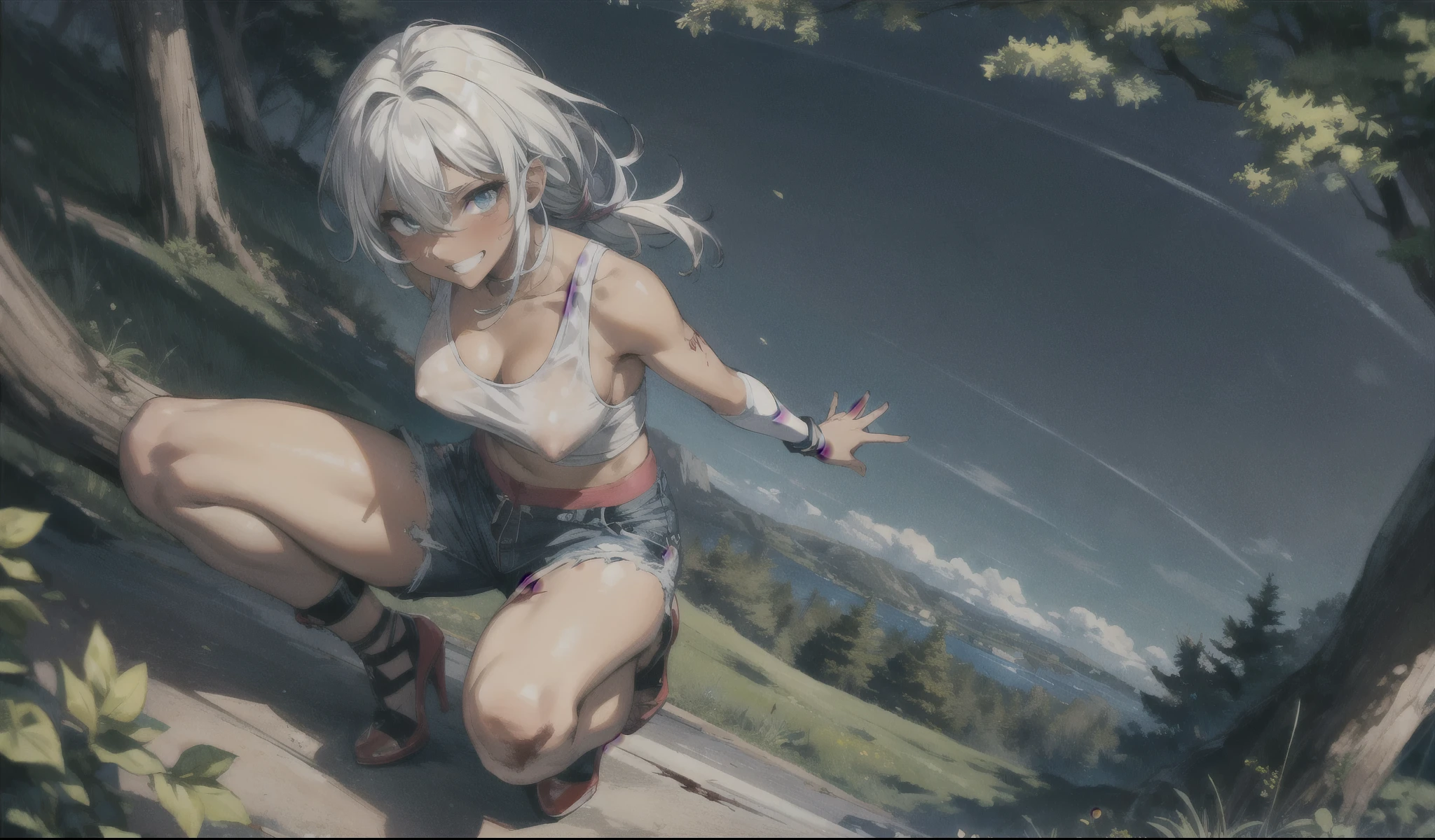 (masterpiece), best quality, expressive eyes, perfect face, Scenery Dark Woods, Zombie woman, unzipped shorts, high heels, ripped Tank top, no bra, dark skin, open wounds, blood on body, evil grin, tanned, shemale, view from above, hard nipples 