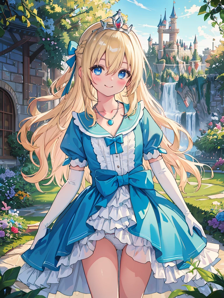 photo realistic, (masterpiece,best quality:1.4),(8k,raw photo,photo realistic:1.2), detailed skin, detailed face,1girl, Princess, cute face, ,  Not Safe for Work, (raw photo, photo realistic: 1.2), 
(((twist updo))), blue eyes, (blonde hair), light smile, shiny wavy hair, curtsey, (ballgown), Princess doress, shortsleeves, a smile, red blush, Doress, Hair Between Eyes, White Panties Hose, ((Blue the Bow)), Puffy Sleeves, Bangss, (tiara), (necklace), (bridal gauntlets), foot out of frame, frilld, : q, masterpiece, top-quality, not safe for work, , 14-yo, braided bangs,
yumekawa,yumekawaii,pastel color,(wonderland garden:1.3),rainbow waterfall,dripping ink,imagination,(Castle:1.4),