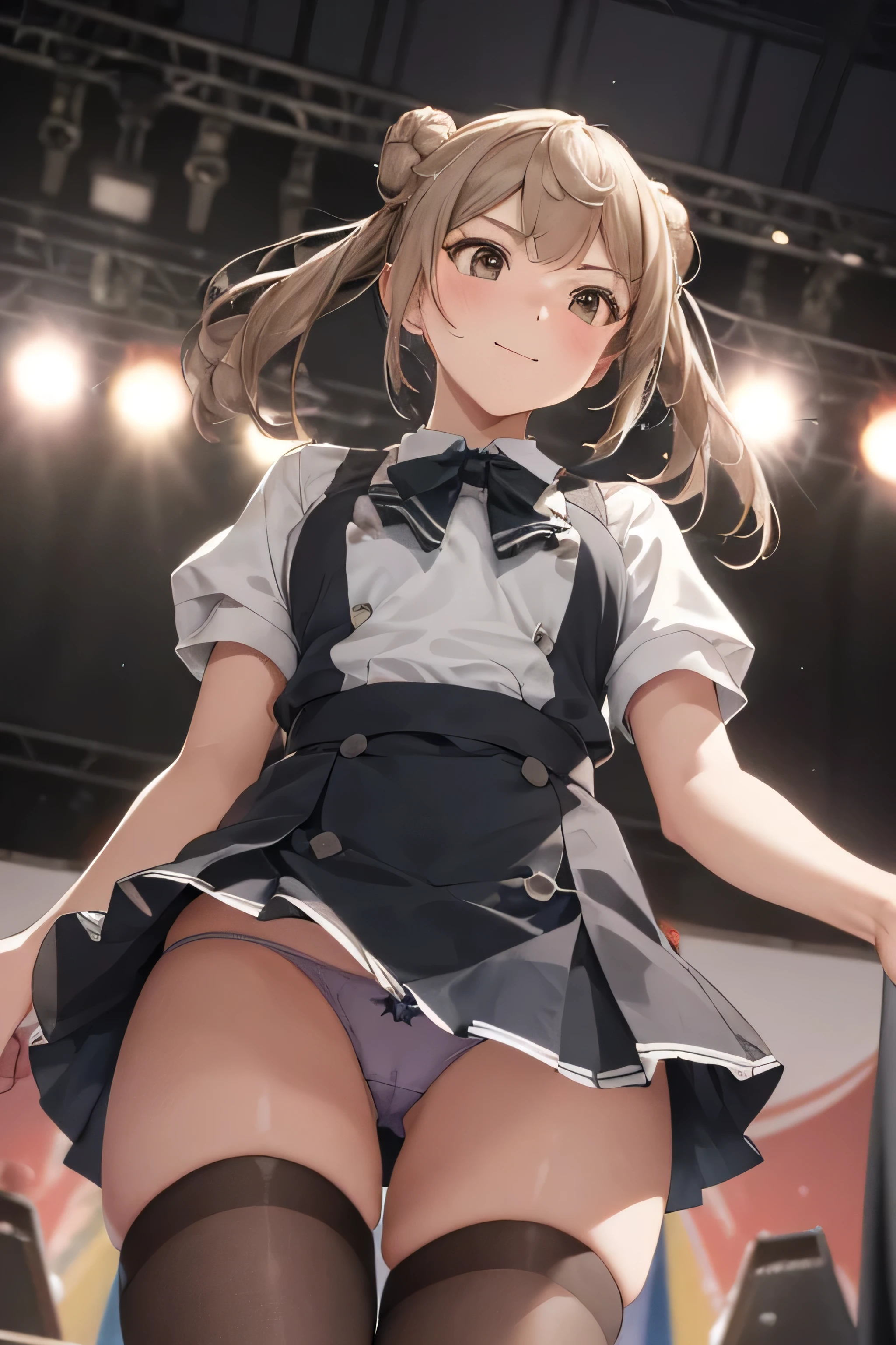 (masterpiece, highest quality, delicate details, 8K:1.2), nice hands, perfect hands, By Guido Daniele, Doshio Kaini KC, throw:1.5, medium breasts, mini skirt:1.5, panties:1.5, skirt lift:1.5, twin tails, double bun, bun hair, short twin tails, from below:1.5, cowboy shot, smile, (Event Hall:1.5, Center Stage:1.5, on stage:1.5, from below:1.5, Looking up from below the stage:1.5, full house:1.5),