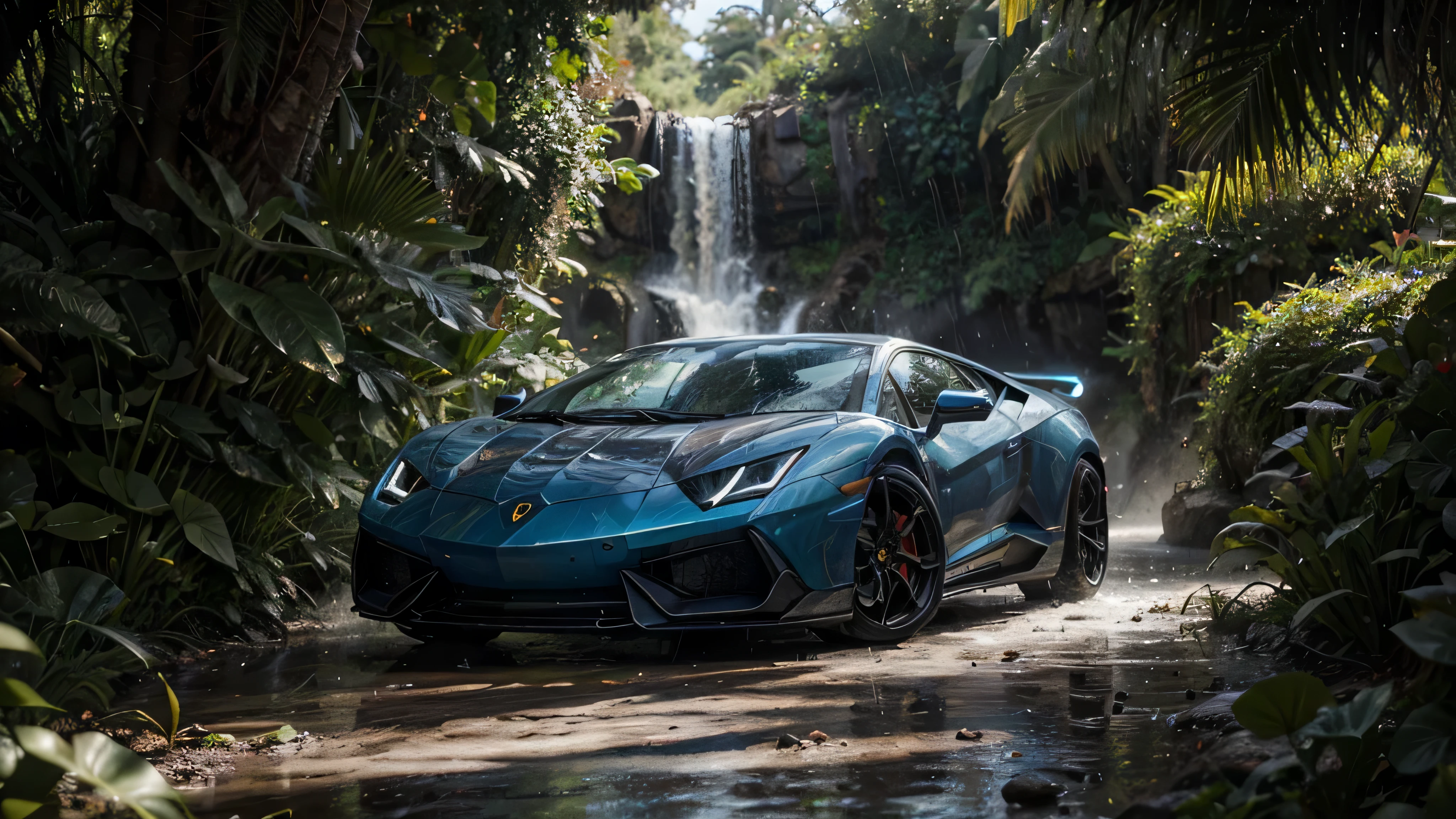 photorealistic, a dazzlingly beautiful Lamborghini blue and white stands in the tropical forest, blue Lamborghini stands wet and shines in the sun, many flowers and all kinds of plants, colored liquid pours, rules of thirds, depth of field, complex parts, Conceptual art, bright colors, futuristic design, Attention to detail, grandeur and awe, A stunning visual masterpiece, Fantastic kingdom, hard light, water,