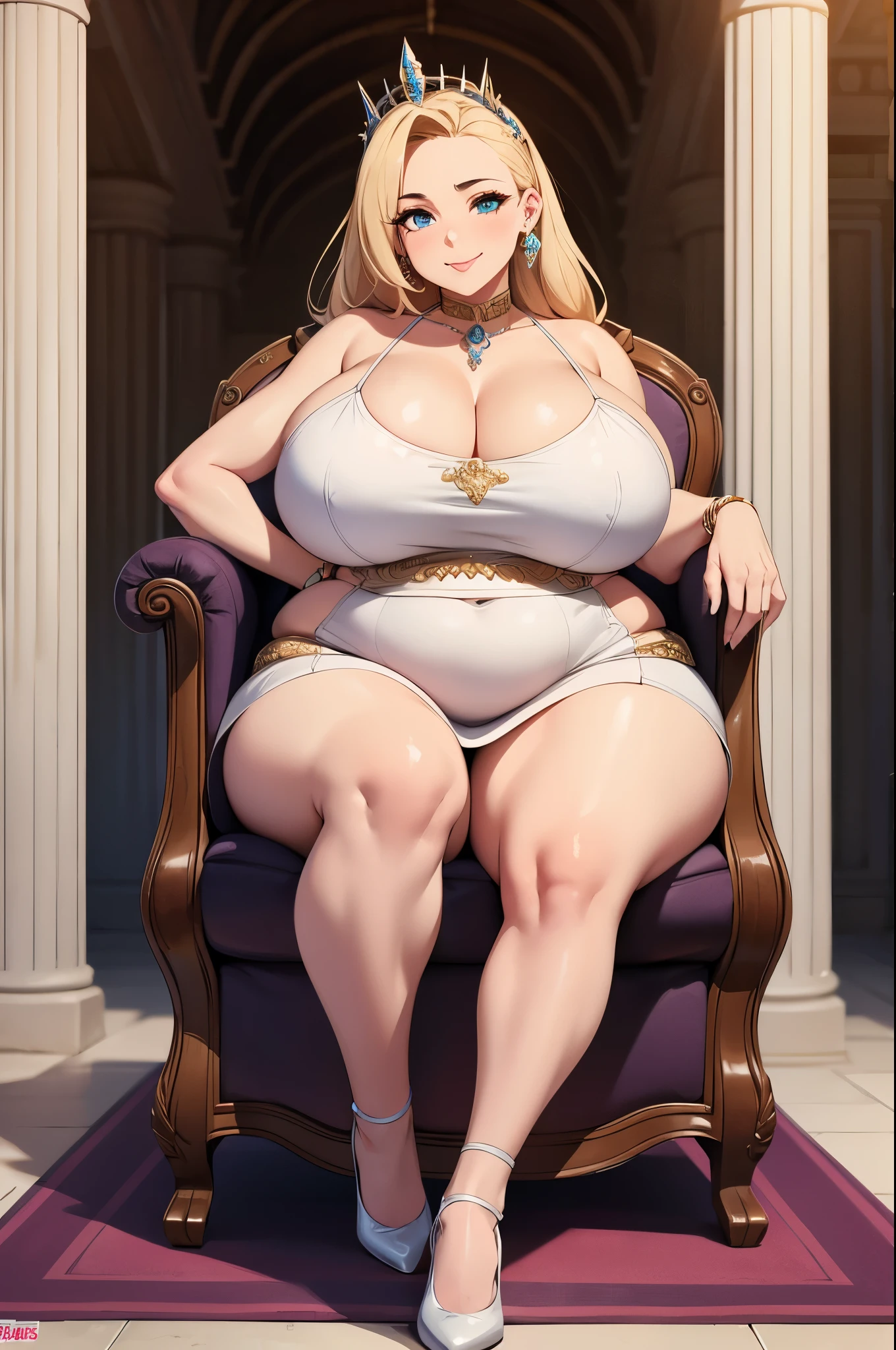 sensual, ((long blonde curly hair)), thick thighs, 8K, 4K, highest quality, High resolution:1.2), cute anime face, noise reduction, ((shining blue eyes, gentle smile, kind eyes))、toned abdominal muscles, muscular arms, muscular legs,  young face, anime eyes, (((big breasts、Breasts that are about to burst)))、(((Full body nude style)))、(((white thong thong)))、sit on the sofa with your legs spread apart、she turns her ass towards me