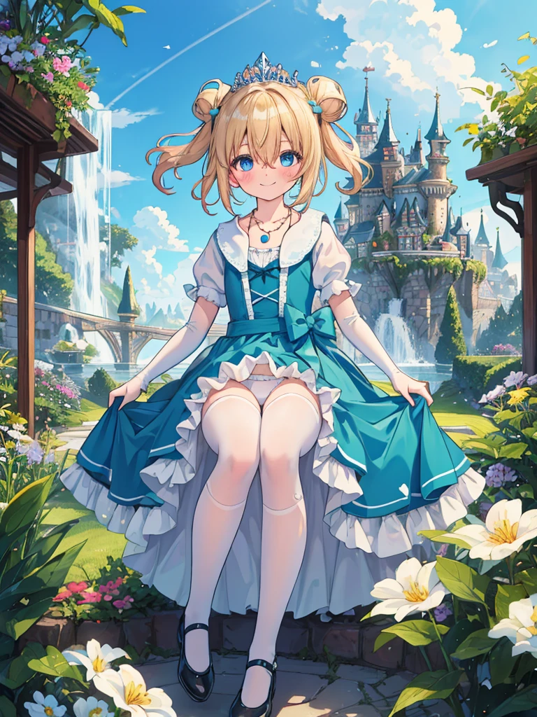 photo realistic, (masterpiece,best quality:1.4),(8k,raw photo,photo realistic:1.2), detailed skin, detailed face,1girl, Princess, cute face, , Not Safe for Work, (raw photo, photo realistic: 1.2),
(((short hair, topknot hair))), blue eyes, (blonde hair), light smile, shiny wavy hair, curtsey, (ballgown), Princess doress, shortsleeves, a smile, red blush, Doress, Hair Between Eyes, White Panties Hose, ((Blue the Bow)), Puffy Sleeves, Bangss, (tiara), (necklace), (bridal gauntlets), foot out of frame, frilld, : q, masterpiece, top-quality, not safe for work, , 14-yo, braided bangs,
yumekawa,yumekawaii,pastel color,(wonderland garden:1.3),rainbow waterfall,dripping ink,imagination,(Castle:1.4),