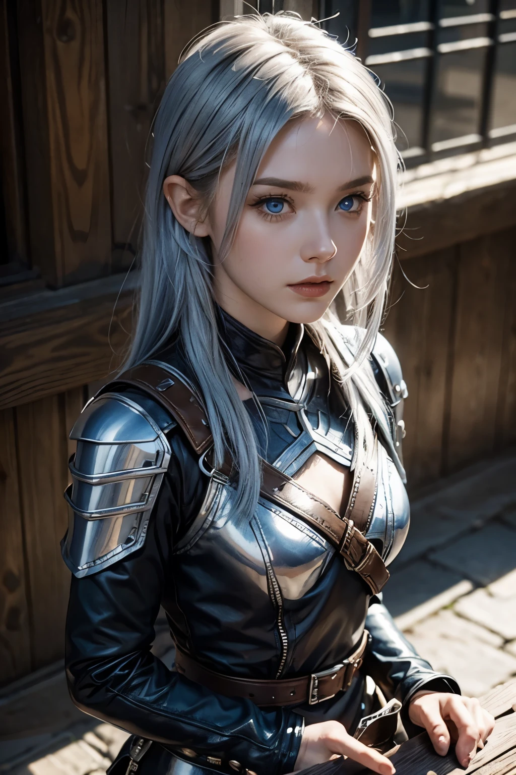 halfling soldier woman with silver hair and blue eyes in studded leather