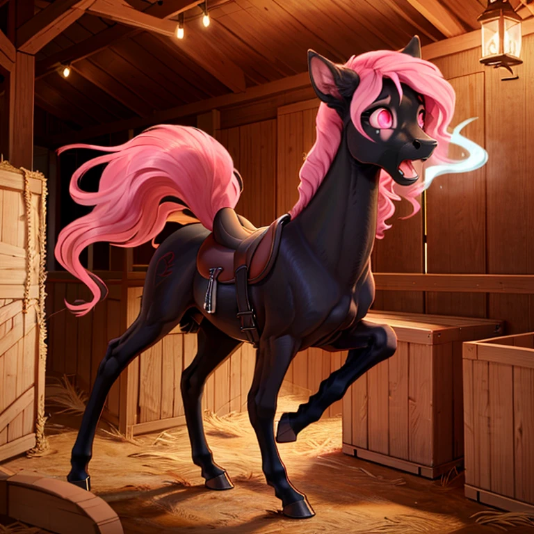 shocked slim feral mare with black fur with long Pink mane and tail and Pink eyes 
With a black saddle on her back there are some traces of magic floating around her she is in a stable