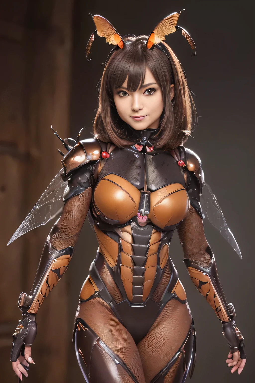 (High resolution,masterpiece,highest quality,Very detailed CG, anime, official art:1.4), realistic, photograph, amazing detail, all complicated, luster and luster,great many layers, 8k wallpaper, 3D, sketch, cute, figure,( alone:1.4), perfect female proportions,villain&#39;s daughter, (Fusion of dark brown cockroach and lady:1.4), (brown cockroach form lady:1.2), (brown cockroach woman:1.2), (Fusion:1.2), (alone:1.4), (evil smile:1.2), muscular, abs, (Cockroach brown exoskeleton bio insect suit:1.4), (Cockroach brown exoskeleton bio insect armor:1.2), (brown transparent cockroach feathers:1.4), (brown cockroach antenna:1.3),