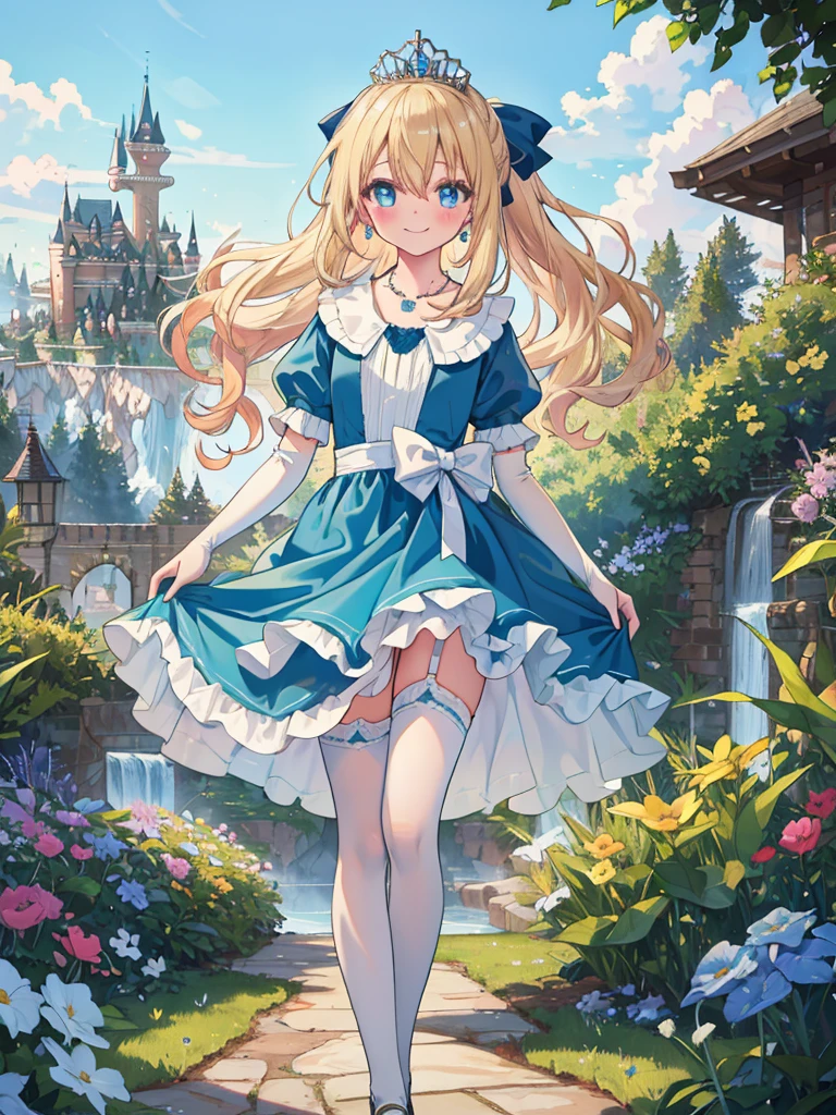 photo realistic, (masterpiece,best quality:1.4),(8k,raw photo,photo realistic:1.2), detailed skin, detailed face,1girl, Princess, cute face, , Not Safe for Work, (raw photo, photo realistic: 1.2),
(((chignon))), blue eyes, (blonde hair), light smile, shiny wavy hair, curtsey, (ballgown), Princess doress, shortsleeves, a smile, red blush, Doress, Hair Between Eyes, White Panties Hose, ((Blue the Bow)), Puffy Sleeves, Bangss, (tiara), (necklace), (bridal gauntlets), foot out of frame, frilld, : q, masterpiece, top-quality, not safe for work, , 14-yo, braided bangs,
yumekawa,yumekawaii,pastel color,(wonderland garden:1.3),rainbow waterfall,dripping ink,imagination,(Castle:1.4),