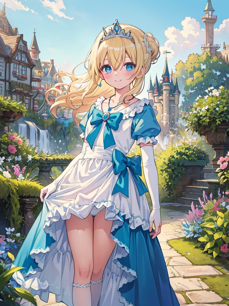 photo realistic, (masterpiece,best quality:1.4),(8k,raw photo,photo realistic:1.2), detailed skin, detailed face,1girl, Princess, cute face, , Not Safe for Work, (raw photo, photo realistic: 1.2),
(((chignon))), blue eyes, (blonde hair), light smile, shiny wavy hair, curtsey, (ballgown), Princess doress, shortsleeves, a smile, red blush, Doress, Hair Between Eyes, White Panties Hose, ((Blue the Bow)), Puffy Sleeves, Bangss, (tiara), (necklace), (bridal gauntlets), foot out of frame, frilld, : q, masterpiece, top-quality, not safe for work, , 14-yo, braided bangs,
yumekawa,yumekawaii,pastel color,(wonderland garden:1.3),rainbow waterfall,dripping ink,imagination,(Castle:1.4),