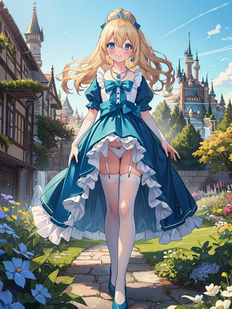 photo realistic, (masterpiece,best quality:1.4),(8k,raw photo,photo realistic:1.2), detailed skin, detailed face,1girl, Princess, cute face, , Not Safe for Work, (raw photo, photo realistic: 1.2),
(((chignon))), blue eyes, (blonde hair), light smile, shiny wavy hair, curtsey, (ballgown), Princess doress, shortsleeves, a smile, red blush, Doress, Hair Between Eyes, White Panties Hose, ((Blue the Bow)), Puffy Sleeves, Bangss, (tiara), (necklace), (bridal gauntlets), foot out of frame, frilld, : q, masterpiece, top-quality, not safe for work, , 14-yo, braided bangs,
yumekawa,yumekawaii,pastel color,(wonderland garden:1.3),rainbow waterfall,dripping ink,imagination,(Castle:1.4),