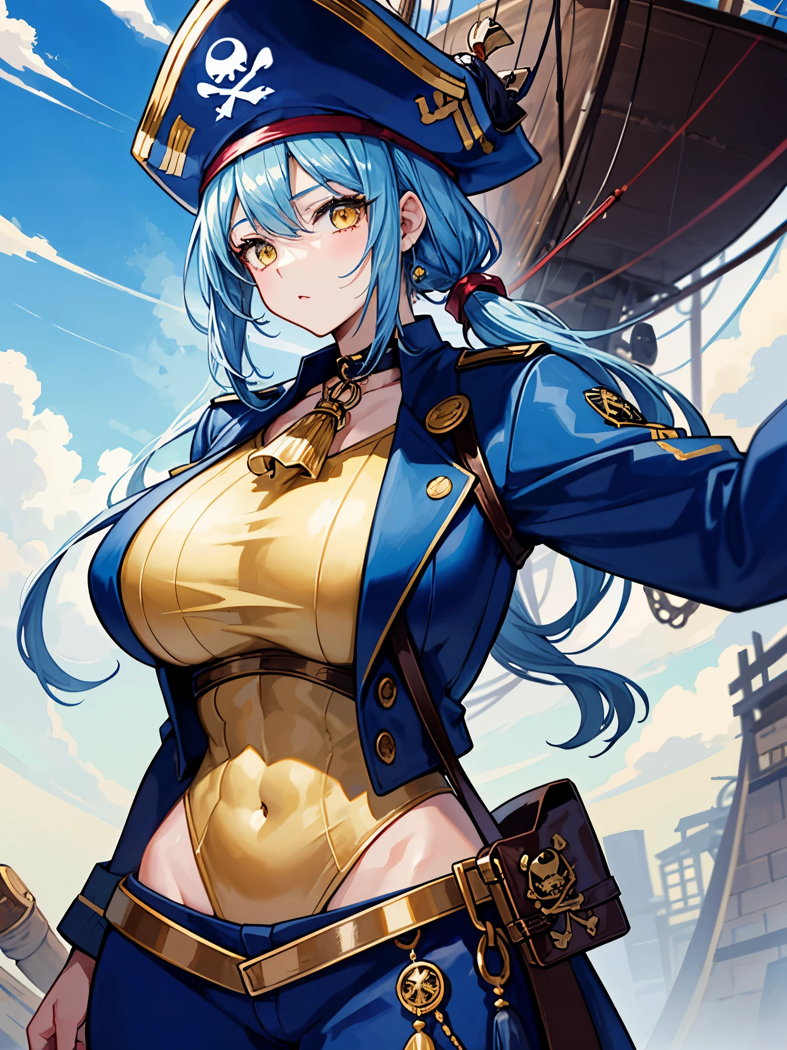 (((masterpiece、Highest image quality、highest quality、highly detailed unity 8kwallpaper)))、((Illustration of one girl、upper body))、(((beautiful girl)))、(female pirate)、(Light light blue hair、short ponytail:1.2、yellow eyes)、((tall))、(((muscle girl, muscle, bulky figure, massive frame, thick neck, sturdy arms, powerful legs)))、(captain's suit、Pirate hat、Blue coat)、Pirate ship deck