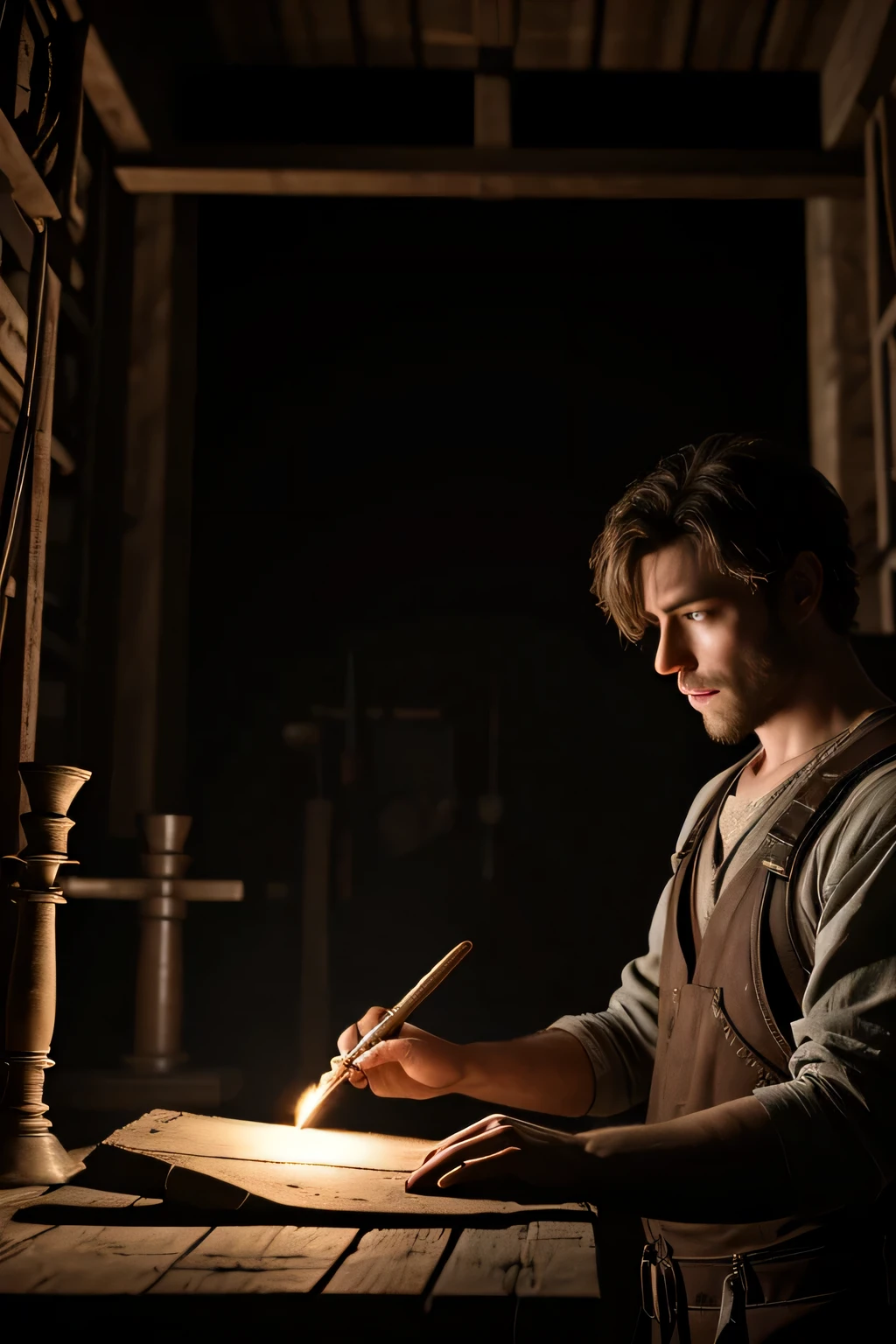 **Lucas Discovers the Prophecy:**
- Image: Lucas in his blacksmith shop, stumbling upon an ancient scroll revealing the prophecy of the Eternal Gem.