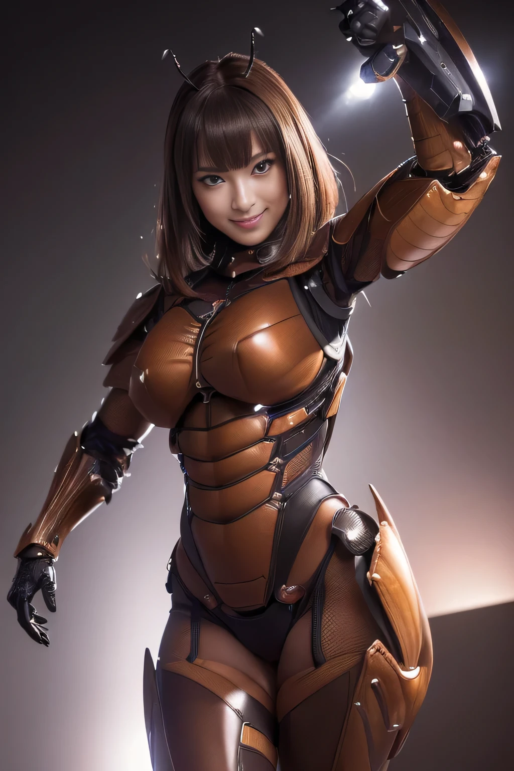 (High resolution,masterpiece,highest quality,Very detailed CG, anime, official art:1.4), realistic, photograph, amazing detail, all complicated, luster and luster,great many layers, 8k wallpaper, 3D, sketch, cute, figure,( alone:1.4), perfect female proportions,villain&#39;s daughter, (Fusion of dark brown cockroach and lady:1.4), (brown cockroach form lady:1.2), (brown cockroach woman:1.2), (Fusion:1.2), (alone:1.4), (evil smile:1.2), muscular, abs, (Cockroach brown exoskeleton bio insect suit:1.4), (Cockroach brown exoskeleton bio insect armor:1.2), (brown transparent cockroach feathers:1.4), (brown cockroach antenna:1.3),