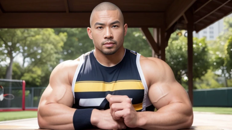 (Highly detailed 8K wallpaper), asian man, muscle worship, fold your arms, On the playground, baseball uniform, high detail, very short hair, skin head, Circular cut, very large and strong body, bulging muscles, muscular, very large pectoral muscles. Very sexy abs, legs are muscular, Toned figure, brightens oily skin, muscular, Tank top, T-shirt, long shot, wide shot