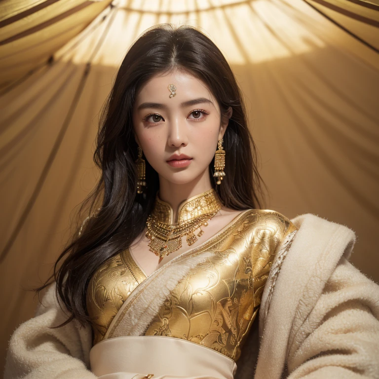 8k, best quality, masterpiece, ultra high resolution, (realism: 1.4), original photo, (Realistic skin texture: 1.3), (film grain: 1.3), (Since 1 girl, Beautiful Eyes and Face Details, masterpiece, best quality, close up, Upper body, northern nomads，Gorgeous brocade robe，Scythian style gold jewelry，Gorgeous big tent，Wool carpets