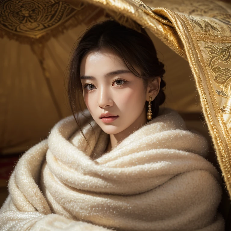 8k, best quality, masterpiece, ultra high resolution, (realism: 1.4), original photo, (Realistic skin texture: 1.3), (film grain: 1.3), (Since 1 girl, Beautiful Eyes and Face Details, masterpiece, best quality, close up, Upper body, northern nomads,Gorgeous brocade robe,Scythian style gold jewelry,Gorgeous big tent,Wool carpets