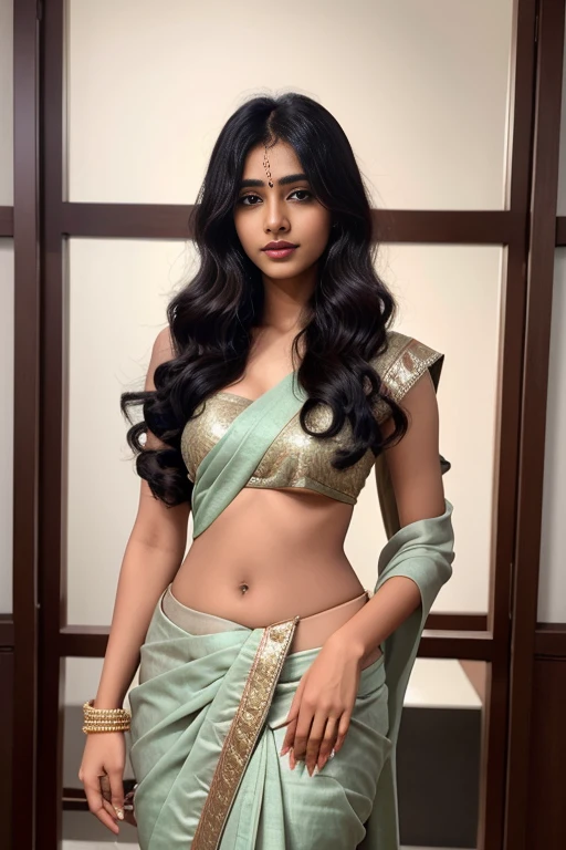 sanjana saba with big ,perfect, bang hair hairstyle , in elegant sari coverin her body , with an inocent look on her face